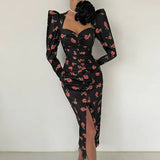 Sexy Square Collar Women Elegant Dresses Floral Print Long Sleeve High Waist Fold Slim Ladies Party Dress Spring Autumn Vestidos