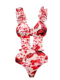 ZJKRL  -  Vintage Red Printed Skeleton One-Piece Swimsuit High Waist Cut Backless Skinny Beachwear Gathering Sexy Square Neck Bikini