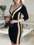 Zjkrl  -  Contrast Color Striped Tape Bodycon Dress Women Sexy V Neck Long Sleeve Party Dress
