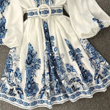 Women Bohemian Dress 2023 Spring Summer Print Long Lantern Sleeve V Neck Corset Slim Button Pleated Dress Women Vacation Dress