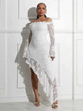ZJKRL -  Women Elegant Slash Neck Dress Irregular Sexy Lace See Through Dress Hollow Out Mid-length Summer Dress