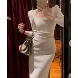 ZJKRL -  Autumn New Bodycon Midi Dresses Women Square Collar Long Sleeve Slim Waist French Vintage Office Lady Vestidos Female Clothing