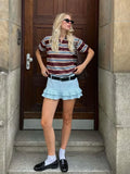 Zjkrl  -  Burgundy Striped Casual Women T-shirt Summer Loose Polo Shirts Buttons New Female Tops Blouse White Tops Spring Shirt