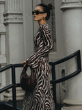 Zjkrl - 2023 Autumn Elegant Zebra Print Maxi Dress For Women Sexy See Through Long Sleeve Bodycon Club Party Dress Spring Casual Dress
