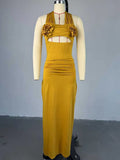 ZJKRL -  Halter Neck Dress for Women Evening Appliques Classy Elegant Gold Dress High Waisted Tights Summer Female Dress Long Sexy