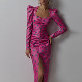Sexy Square Collar Women Elegant Dresses Floral Print Long Sleeve High Waist Fold Slim Ladies Party Dress Spring Autumn Vestidos