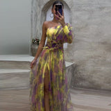 Zjkrl - Elegant Tie-dye Print Dress Women  Fashion Oblique Shoulder Pleated Long Dresses 2023 Summer Autumn Lady Party Evening Vestidos