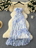 Women Sexy Beach Dress Summer Hollow Neck Hanging Blue Floral Printed Long Dresses Ladies Irregular Chiffon Party Long Robe