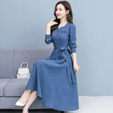 V-neck Elegant Fashion Long Sleeve Button Elastic Waist Belt Dress Comfortable Simple Solid Color Autumn Women's Clothing
