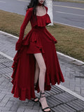 Zjkrl  -  Autumn Red Vintage Elegant Dress Women Flare Sleeve Designer Sweet Long Dress Female Ruffles Retro Princess Irregular Dress