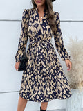 Zjkrl - 2023 New Fashion Women's Spring Pleated Print V Neck Long Sleeve Dress For Ladies Lace Up High Waist Dresses