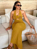 ZJKRL -  Halter Neck Dress for Women Evening Appliques Classy Elegant Gold Dress High Waisted Tights Summer Female Dress Long Sexy