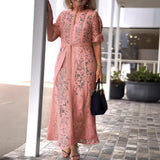ZJKRL -  Elegant Lace Maxi Dress Women Solid Hollow Out Button Down Shirt Lace Party Evening Long Dress Women
