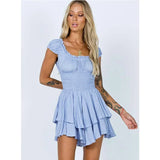 Zjkrl  -  White Dots Women Sleeveless Romper Tiered Wide Leg Summer Playsuit Elastic Smocking Square Collar Overall