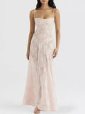 Women Elegant Spaghetti Strap Long Dress Floral Lace Sleeveelss Sling Backless Lace-up Summer Beach Holiday Sundress