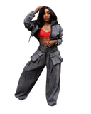 Zjkrl  -  Solid Loose Casual Denim 2 Piece Set Women Autumn Stand Collar Zipper Jacket High Waist Pocket Wide Leg Pants Hipster Streetwear