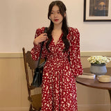 Zjkrl  -  holiday outfits Elegant Autumn Vintage Print Floral Chiffon Dress High Waist Spring A-Line Woman Dresses Party Luxury Long Sleeve Vestido