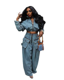 Zjkrl  -  Solid Loose Casual Denim 2 Piece Set Women Autumn Stand Collar Zipper Jacket High Waist Pocket Wide Leg Pants Hipster Streetwear