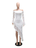ZJKRL -  Women Elegant Slash Neck Dress Irregular Sexy Lace See Through Dress Hollow Out Mid-length Summer Dress