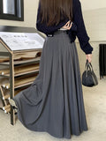 Zjkrl  -  Grey Black Long Skirts Womens Maxi Skirt Autumn Winter Suit Skirt Goth Lolita High Waist Ruffle Pleated Skirts Double Belts