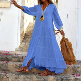 Zjkrl - Bohemian Solid V-Neck Loose Dress Spring Autumn Women's Fashion Slim Single breasted Long Sleeve Cotton Hemp Ruffle Dresses