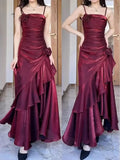 ZJKRL  -  Custom Sexy Wine Red Spaghetti Strap Satin Prom Gowns Tiered 3D Flowers Sleeveless Party Dress Women vestidos de festa