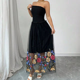 ZJKRL -  Fashion Mesh Spliced Women Black Strapless Dress Summer New Floral Embroidery Maxi Dress 2025 Casual Simple Pleated Vestidos
