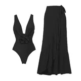 ZJKRL  -  Women's Vintage Print Deep V Bikini Set, Brazilian Beach Bathing Suit, Sexy Dress, 3D Flower Swimwear, Swimsuit Skirt, 1 Pc