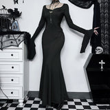 Zjkrl - Halloween Gothic Dark Party Dress Women Aesthetic Vintage Elegant Nightclub Long Sleeve High Waist Trumpet Dress Female