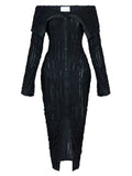Women's Chic Pleated Midi Dress Off Shoulder See-Through Fitted Ruched Party Dress Night Club Outfits Clubwear