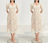 Zjkrl  -  Summer Dresses Korean Retro High Waist Vestidos Elegant Fashion Slim Midi Hollow Out Office Party Casual Lace Dress