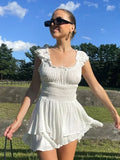 Zjkrl  -  White Dots Women Sleeveless Romper Tiered Wide Leg Summer Playsuit Elastic Smocking Square Collar Overall