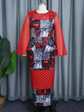 Women Printed Long Party Dress Mesh Hollow Out Patchwork O Neck  Ruffle See Through Vintage Classy Celebrate Occasion Gown Retro