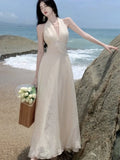 Zjkrl  -  Beach Holiday Dress Summer Sleeveless Halter Long Dresses Women Backless A-line V-neck Party Wedding Prom Robe Ropa Mujer