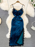 Zjkrl - Ins Fashion Women Christmas Red Long Dress High Waist Lace Patchwork Side Split Velvet Long Dress Party Vestidos