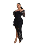 ZJKRL -  Women Elegant Slash Neck Dress Irregular Sexy Lace See Through Dress Hollow Out Mid-length Summer Dress