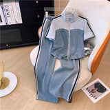 Zjkrl  -  holiday outfits Summer New Stitched Zipper T-shirt Top Female Set Elegant Women's Jeans Casual Blouse Two Piece Set Ladies Tracksuits