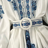 Women Bohemian Dress 2023 Spring Summer Print Long Lantern Sleeve V Neck Corset Slim Button Pleated Dress Women Vacation Dress