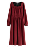 Retro Red Women Temperament Lace Decoration Square Neck Long Dress Autumn New Long Sleeve A-LINE Skirts Mid-Calf Dresses
