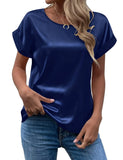 Zjkrl  -  holiday outfits Elegant Women's Blouse Solid Tees Summer Lady Short Sleeve Satin Shirt Loose Casual Round Neck T-shirt Tops S-XXL