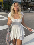 Zjkrl  -  White Dots Women Sleeveless Romper Tiered Wide Leg Summer Playsuit Elastic Smocking Square Collar Overall