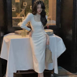 ZJKRL -  Autumn New Bodycon Midi Dresses Women Square Collar Long Sleeve Slim Waist French Vintage Office Lady Vestidos Female Clothing