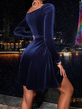 Zjkrl - Elegant Velvet V Neck Plain A Line Flare Dress Long Sleeve Surplice Neck Nipped Waist Medium Stretch Mini Wrap Skirt