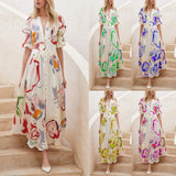 Zjkrl - Dresses For Women 2023 Summer Sexy Print Long Maxi Dress Ladies Elegant Button Up Boho Floral Ruffles Pink Robe Vestidos