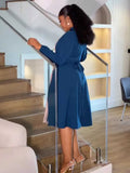 ZJKRL -  Elegant A-Line Long Dress for Women Mid-Calf Spring Blue Gown with Sleeves Simple Female