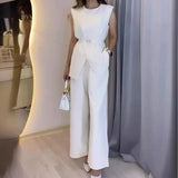 Zjkrl  -  Two Piece Sets Women Pants Set Round Neck Belt Sleeveless White High Waist Tops Solid Wide Leg Long Pants Slim Fit Elegant