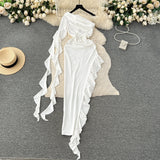 Zjkrl - Women Chic Ruffle Long Sleeve Diagonal Collar Ribbon Sexy Slim Split Dress Vintage Fashion Vestido Elegant Hip Wrap Dress