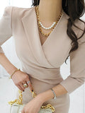 ZJKRL -  New Fashion Lady Work Style Formal Occasion Solid Pencil Dress Women Clothes Elegant Office Commute Simple V-Neck Slim Vestidos