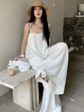 Zjkrl  - holiday outfits Korean Fashion Solid Sling 2 Piece Set Women Elegant Casual Loose Thin Sleeveless Tops Female + High Waist  Wide Leg Pants