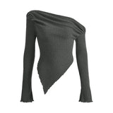 Zjkrl  -  Sexy Asymmetrical Tees Women T-shirt Solid New Autumn Streetwear Long Sleeves Crop Top Fashion Casual Bodycon T-shirts Female
